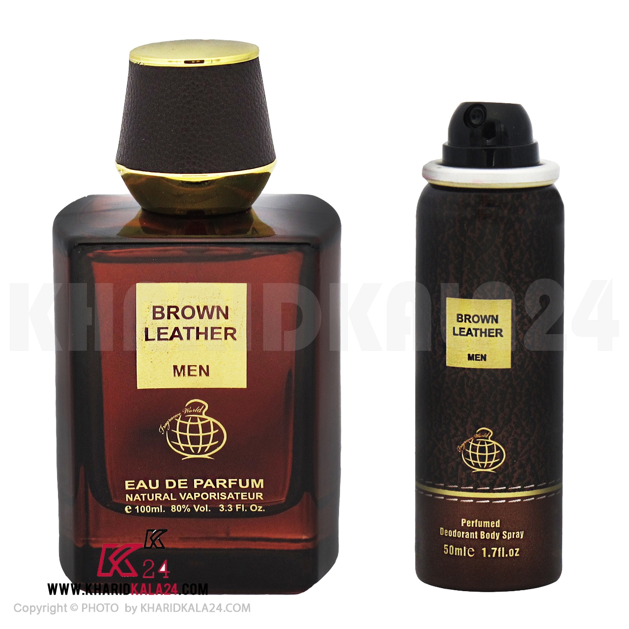 ادو پرفیوم مردانه فراگرنس ورد مدل Brown Leather حجم 100 میلی لیتر به همراه اسپری فراگرنس مدل Brown Leather حجم 50 میلی لیتر