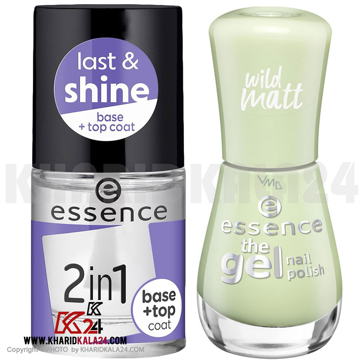 Essence-Top-Coat-2-in1-Base-With-Essence-The-Gel-104-Nail-Polish لاک پایه اسنس مدل 2in1 Base and Top Coat به همراه لاک ناخن اسنس سری The Gel شماره 104