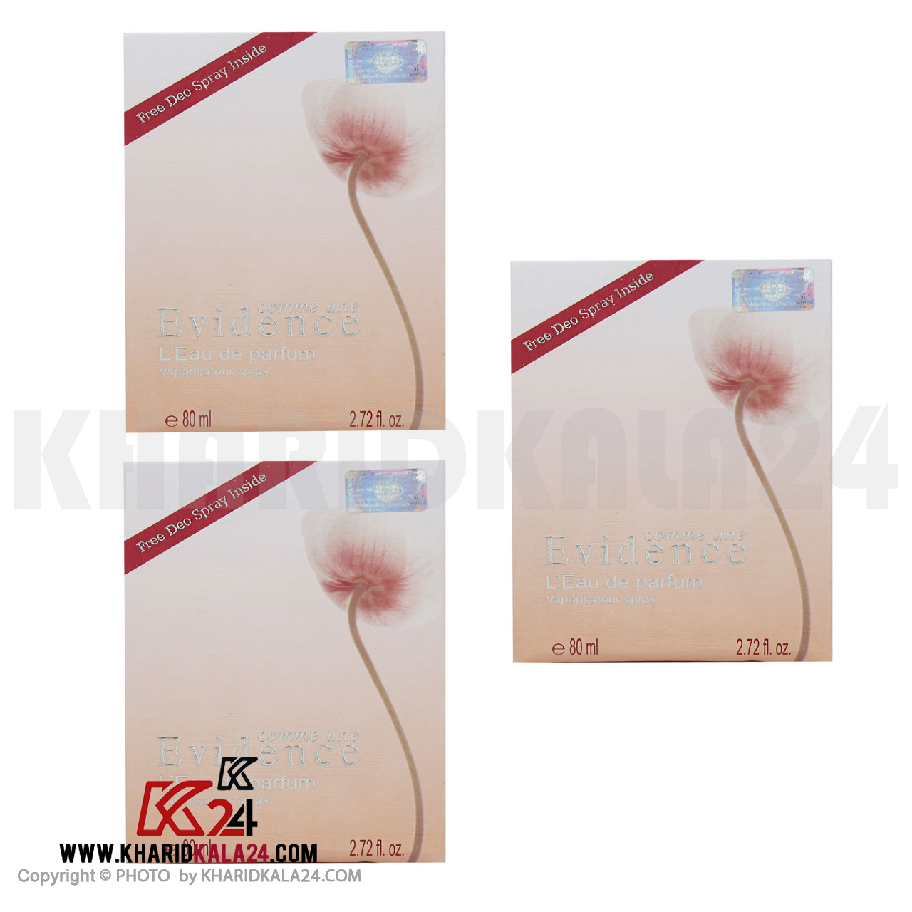 fragrance-world--Evidence-with-spray-3pcs ادوپرفیوم زنانه فراگرنس ورد مدل Evidence حجم 80ml به همراه اسپری مجموعه 3 عددی
